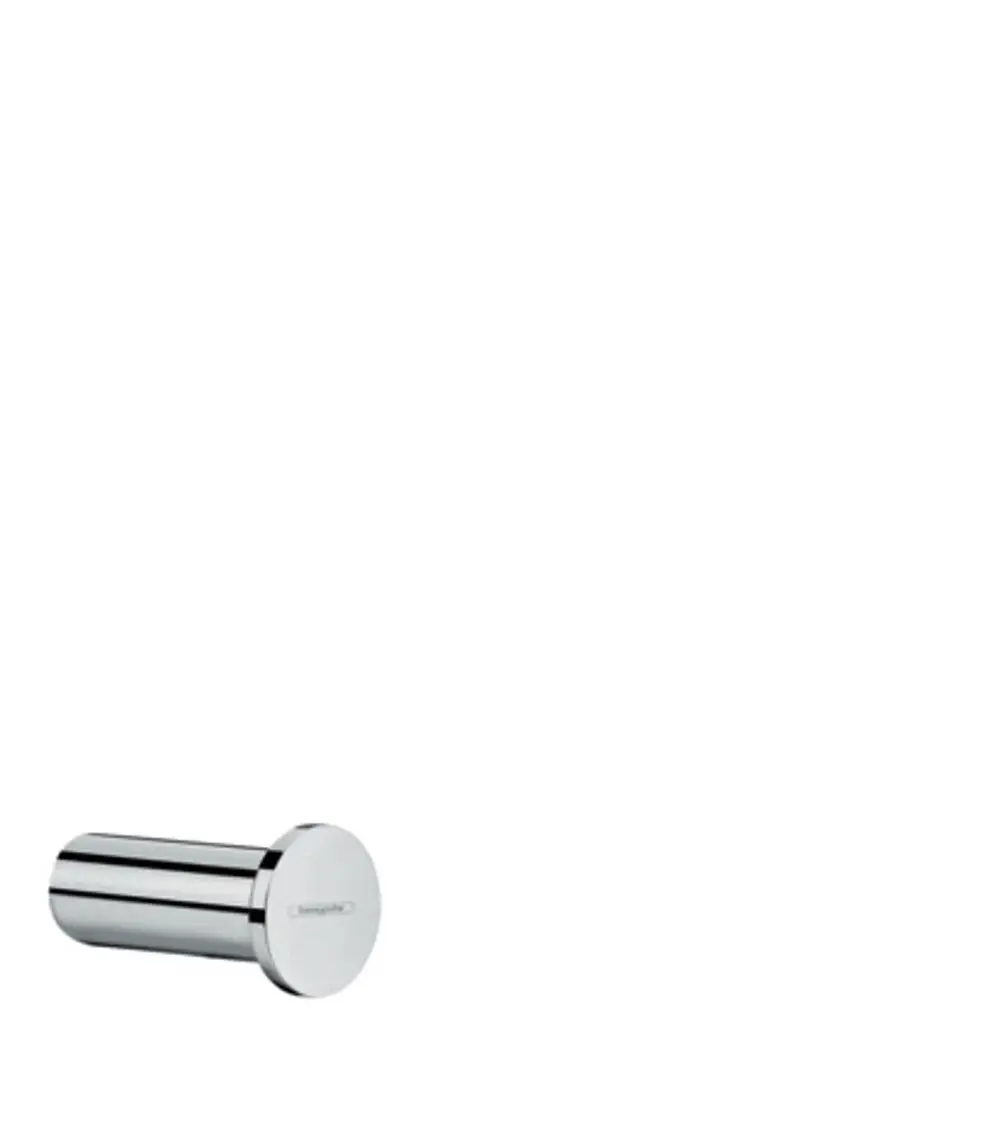 Hansgrohe Handtuchhaken aus verchromtem Metall, zylindrisch geformt, mit flacher Rückplatte zur Wandbefestigung. Minimalistisches Design, geeignet für Badezimmer.